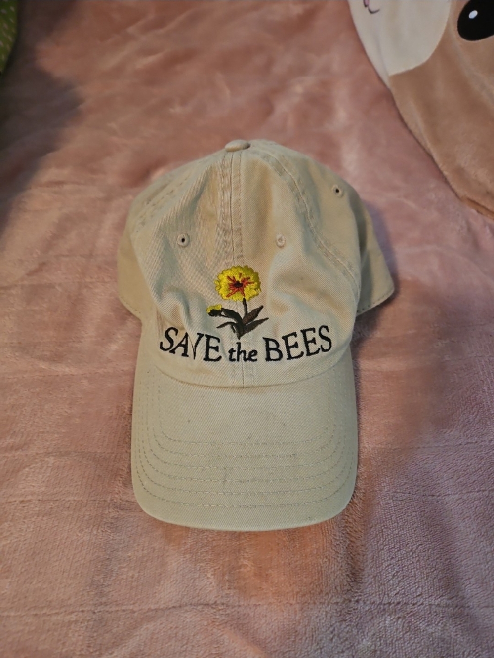 Save the Bees Beige Embroidered Flower Adjustable Womens Baseball Cap